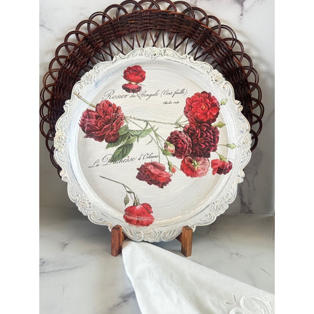Vintage Shabby Chic Red Rose Botanical transfer round Decorative Tray White